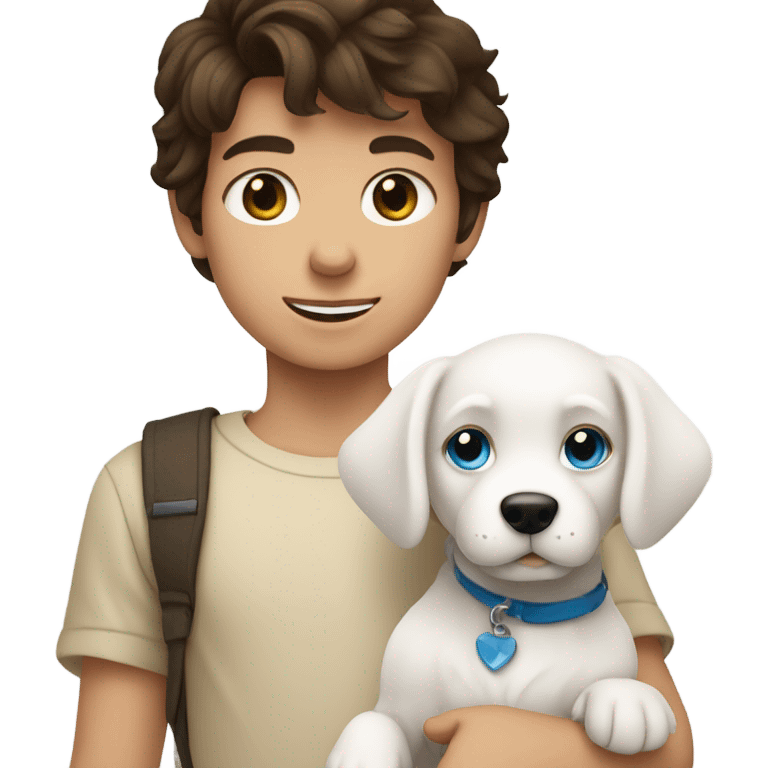 Brunette white boy with blue eyes holding white dog emoji