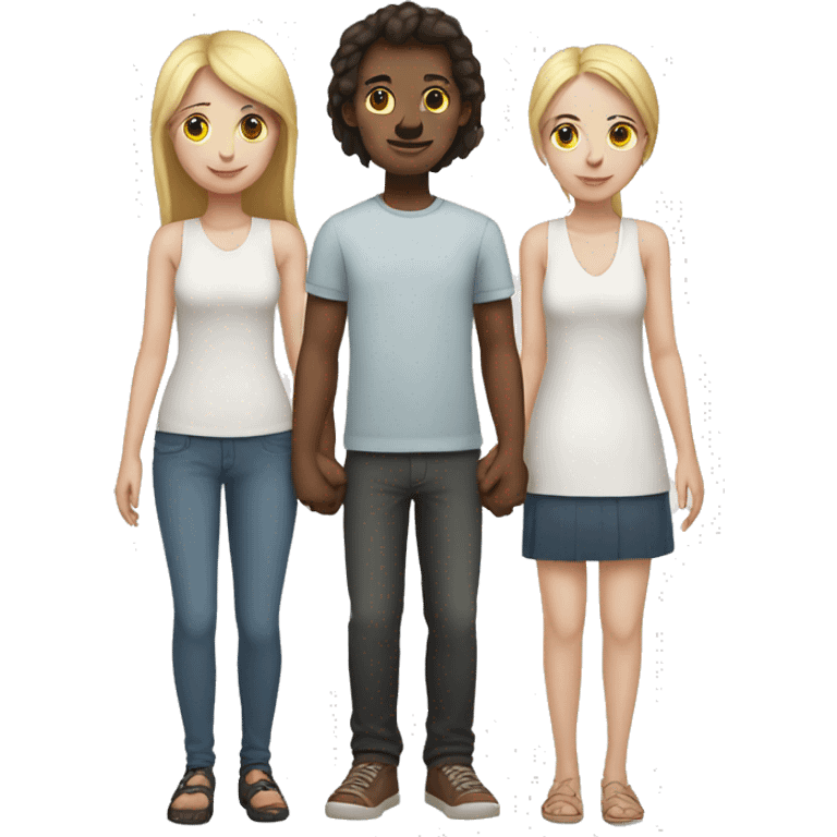 Two girls and one guy holding hands, white skin emoji