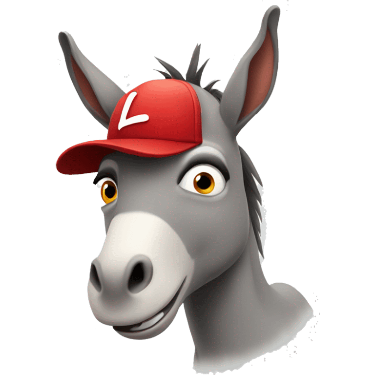 a donkey wearing a red cap with a scared expression and making the letter L with his hand emoji