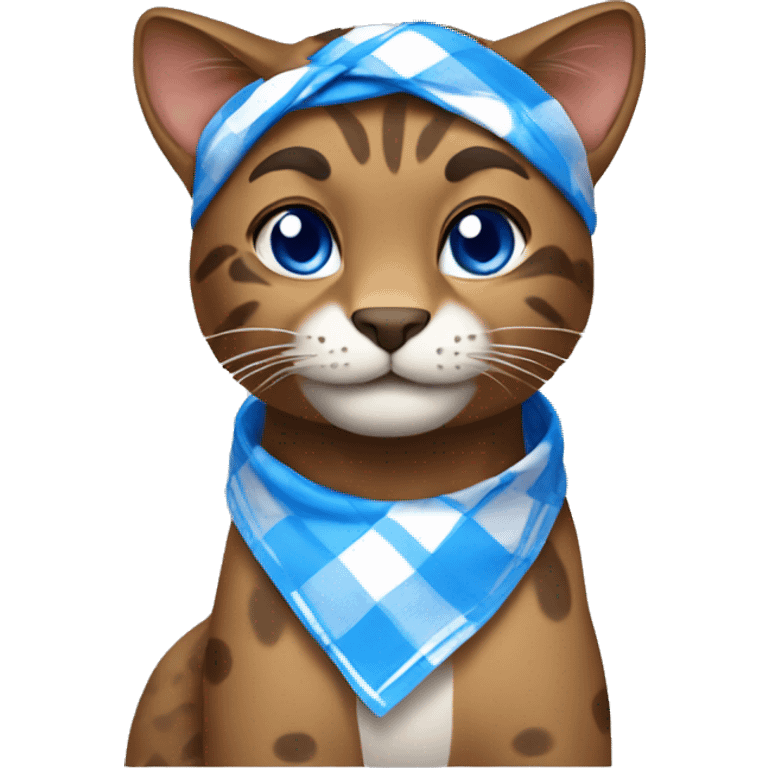 brown wildcat wearing blue and white checkered bandana around its neck emoji