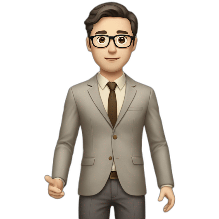 Full height Actively Gesturing Pale skinned fit man with dark brown hair in gray jacket, beige office shirt, brown tie, brown pants and vintage glasses. emoji