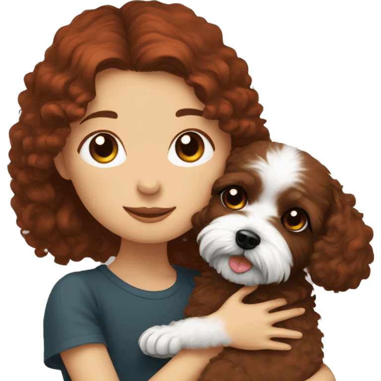 Dark-red-haired girl hugs  her Maltipoo-Black-dog emoji