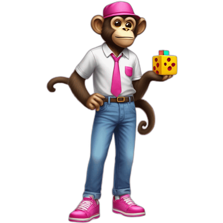 Monkey with hat glazzes a shirt and pants and pink shoes and a Rubix cube in hes hands emoji