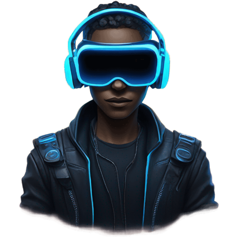 cyberpunk hacker wearing black vr headset, with blue neon lights emoji