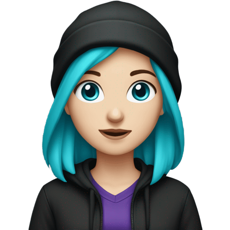 White girl, black hoodie, teal purple hair, black beanie hat, blue eyes emoji