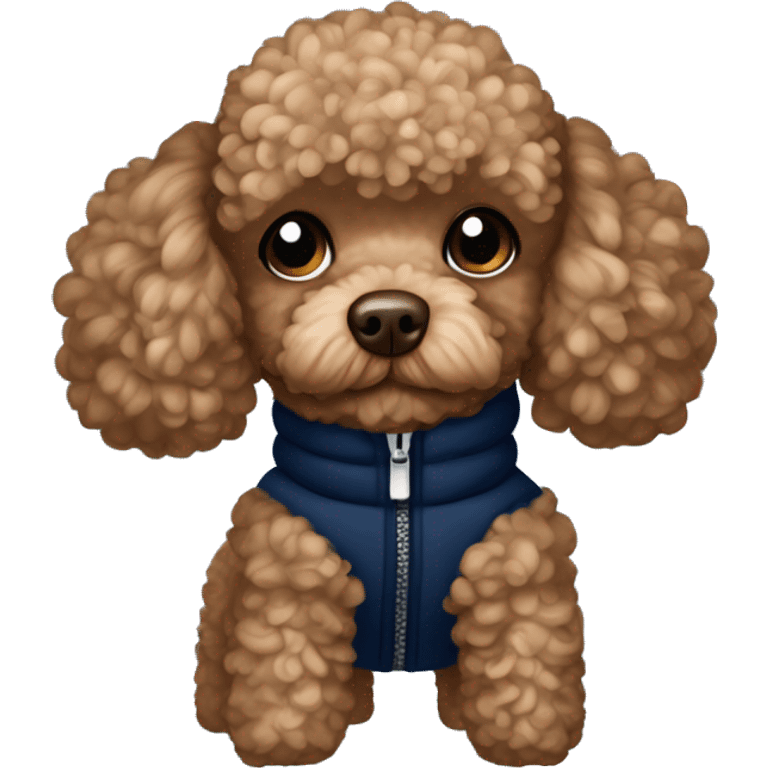 Brown toy poodle wearing a navy blue puffer jacket with white hearts pattern  emoji