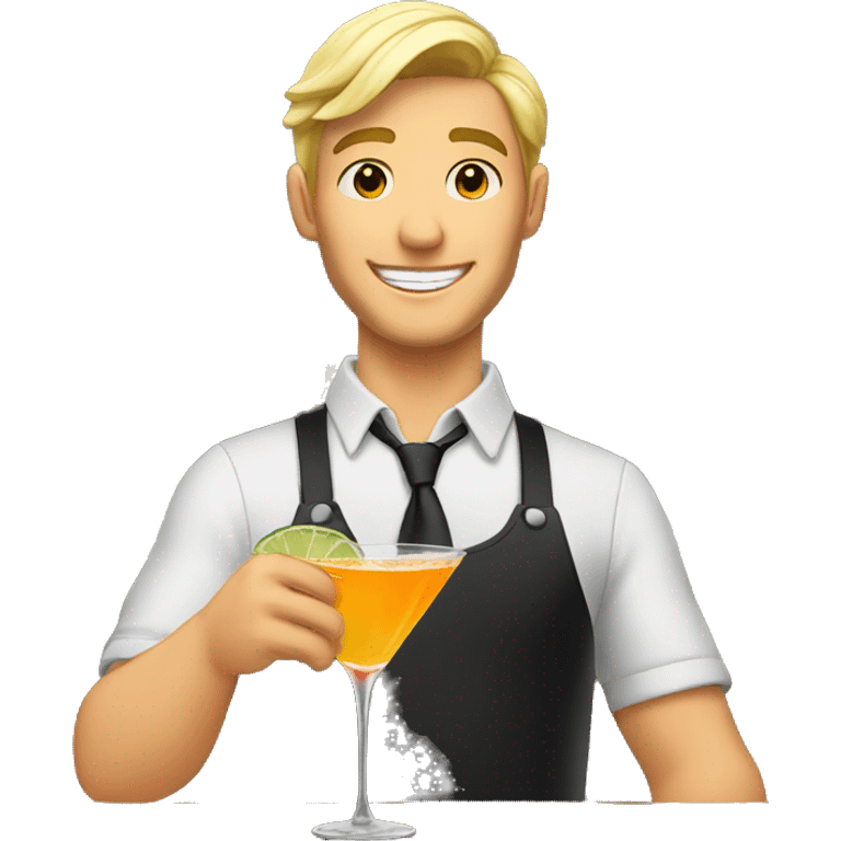 Blonde male bartender smiles and holds cocktail in hand emoji