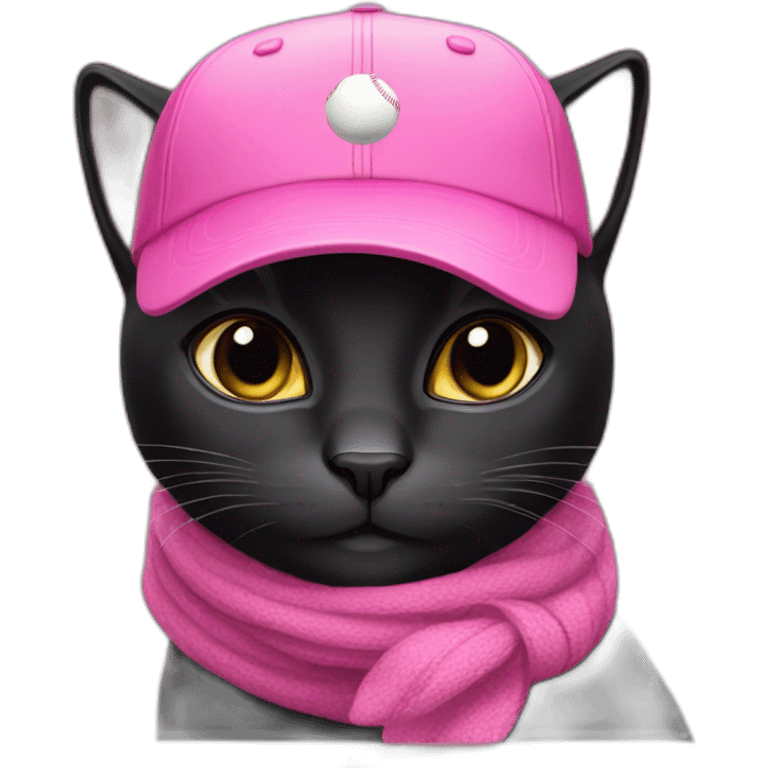 black cat with pink baseball cap and scarf emoji