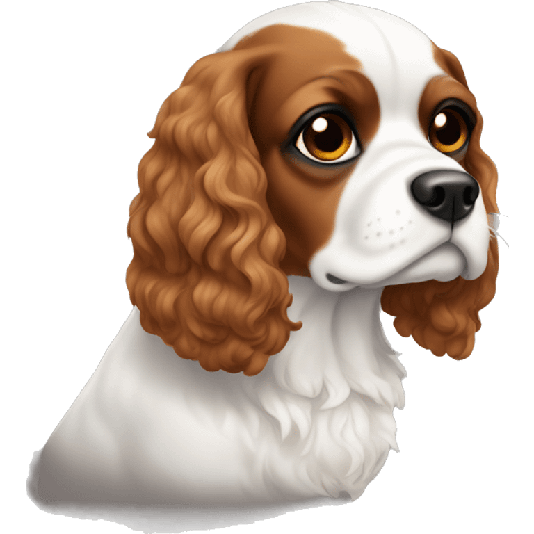 White and brown cavalier dog with black patch of fur around his eye  emoji