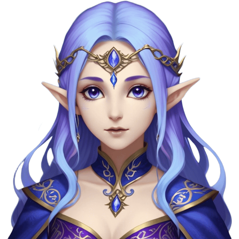 Cinematic Realistic WoW Elf Mage Portrait, depicted with ethereal, otherworldly beauty and refined arcane mastery. Clad in an intricately detailed robe in consistent deep blues and purples accented with shimmering gold filigree, her luminous, porcelain-like skin and delicate features evoke timeless elegance. Her piercing, mystical eyes radiate ancient wisdom, rendered with lifelike texture and subtle, magical lighting, high shine, noble and majestic, capturing the essence of a legendary elven sorceress. emoji