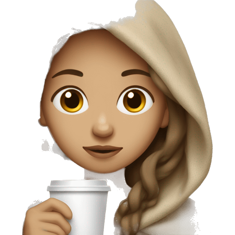 Girl with coffee dark blond hair, light skin Snuggled up in a blanket  emoji