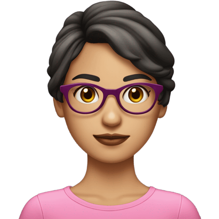 Chica morena clara,con lentes morados,cabello corto con flequillo a los lados y blusa rosa emoji