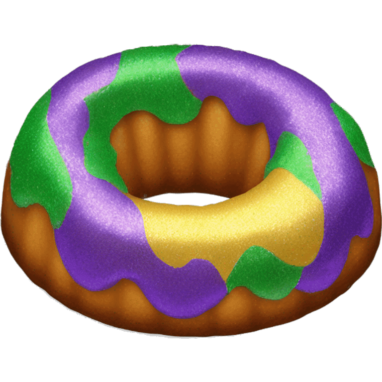 Realistic isolated flat mardi gras oval bundt king cake with glitter icing on top half of the cake. emoji