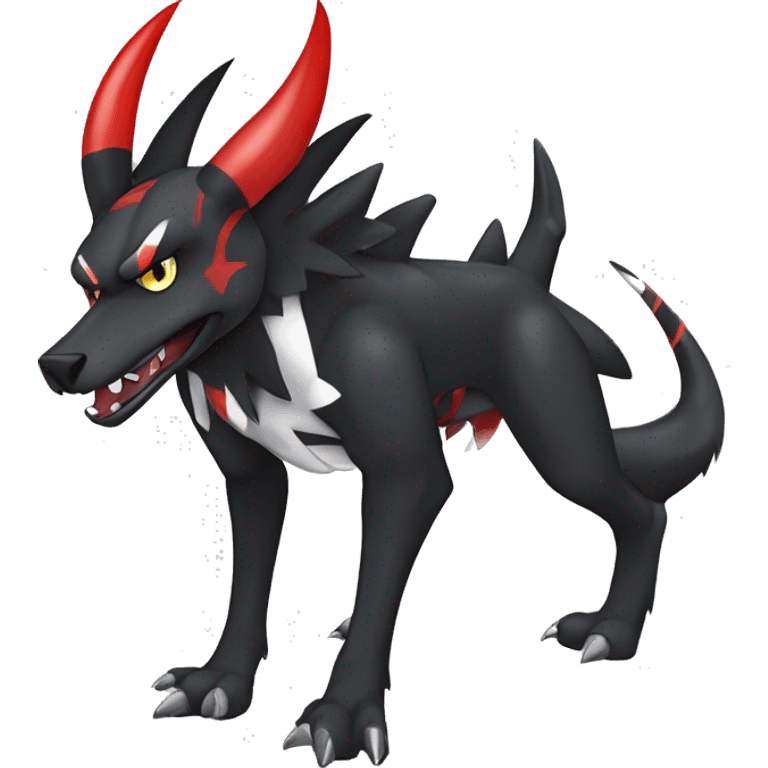 Black Cool Edgy Nargacuga-Houndoom-Garchomp Fakémon Digimon with Red and white Edgy markings, full body, outlined, sharp line Art emoji