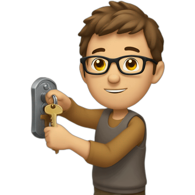 brown-short-haired man with glasses, struggling to fit a key into a door-lock emoji