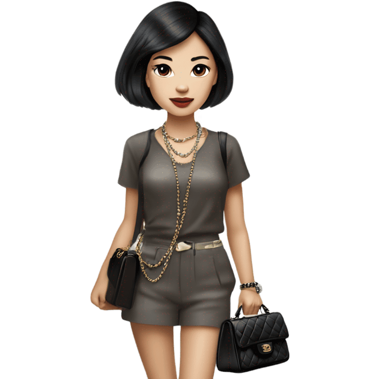 Realistic Dark hair Chanel Asian Girl with Birkin bag and Chanel necklace emoji