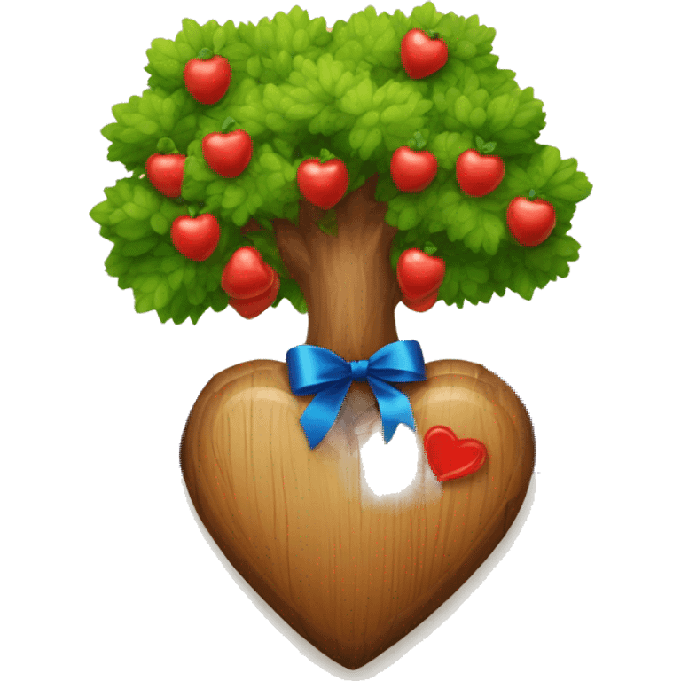 A tree whith wooden red heart fruits + blue ribbon emoji