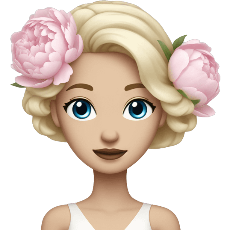 White bride with long light blonde hair and blue eyes with light pink peonies in hair white skin  emoji