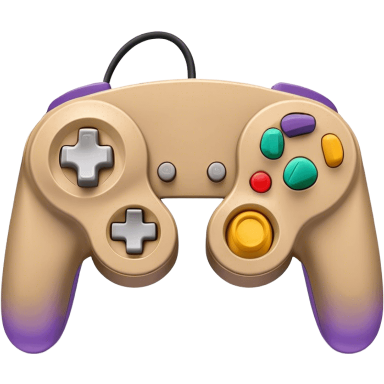 Clash of Clans aesthetic: Cinematic Playful GameCube Controller Portrait Emoji, rendered in a 3D vector-style similar to standard emojis with minimal shading and bold, simplified shapes. A compact, distinct form with signature details, softly glowing with a nostalgic gaming charm. Simplified yet unmistakably iconic, highly detailed and consistent, glowing with a soft radiance and high shine. Stylized with a touch of retro gaming magic and a soft glowing outline, capturing the essence of a beloved gaming relic with a friendly, playful manner! emoji