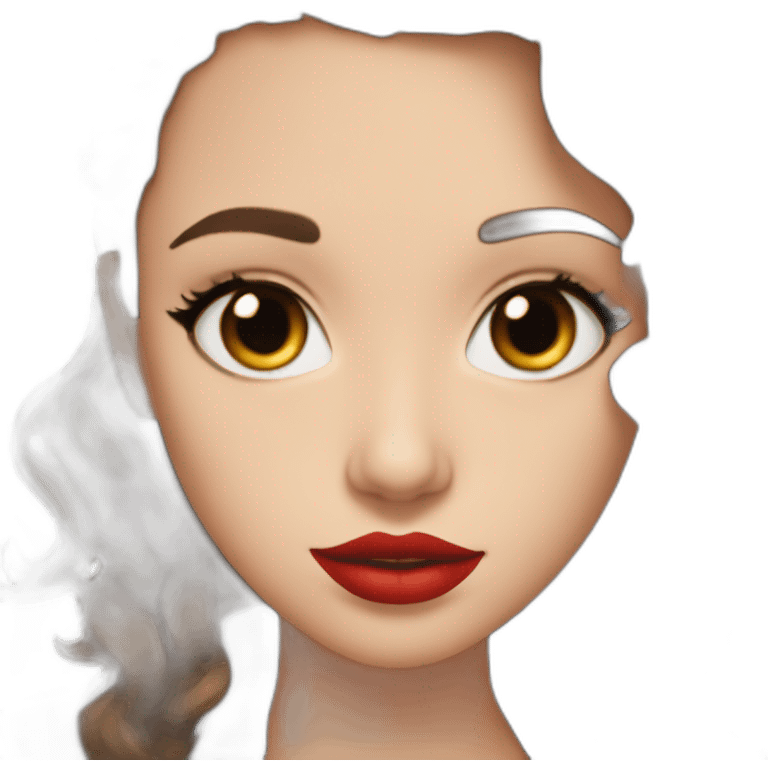 brown hair, black outfit, white girl, red lips, looking directly camera, e girl emoji