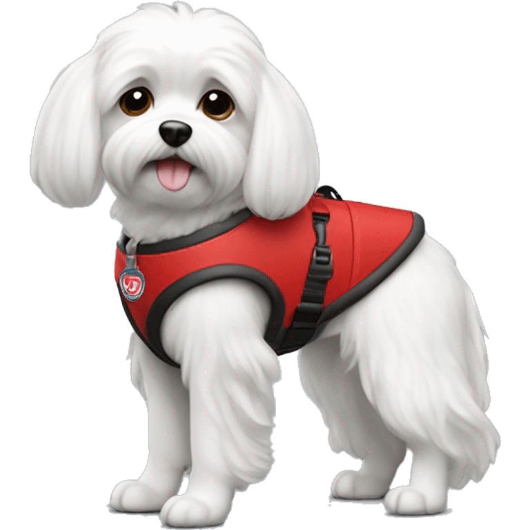 Maltese wearing a red service dog vest with to bleck straps emoji