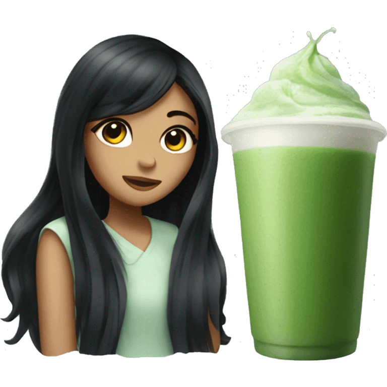 Girl with long black hair holding iced matcha  emoji