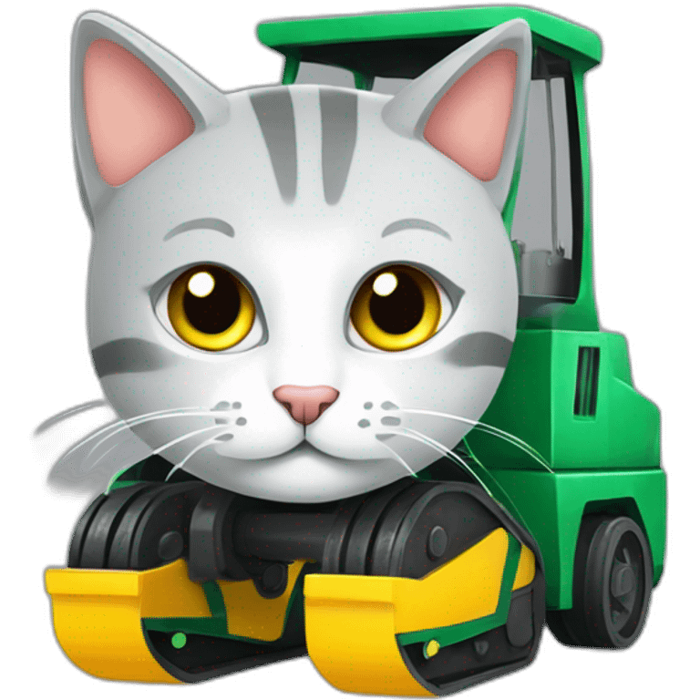 Gatito gris con ojos verdes sobre una excavadora color amarilla emoji