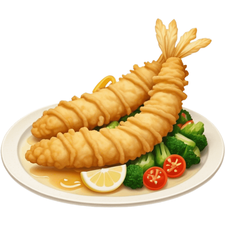 Cinematic Realistic Tempura Dish Emoji, depicted as lightly battered and fried seafood and vegetables rendered with delicate textures and crisp, inviting lighting. emoji