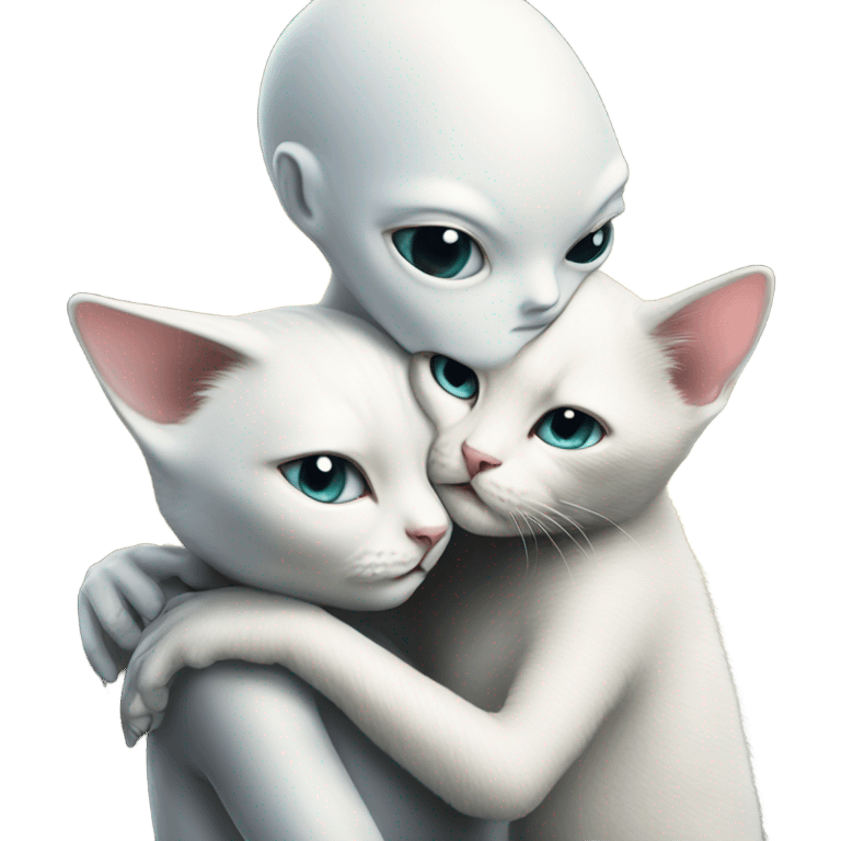 Photo realistic, alien female, kissing and embracing white cat, emoji