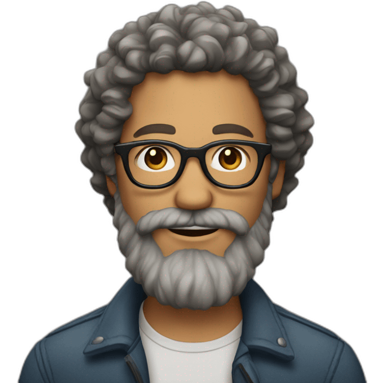 man with long gray and brown hipster beard and curly hair and glasses emoji