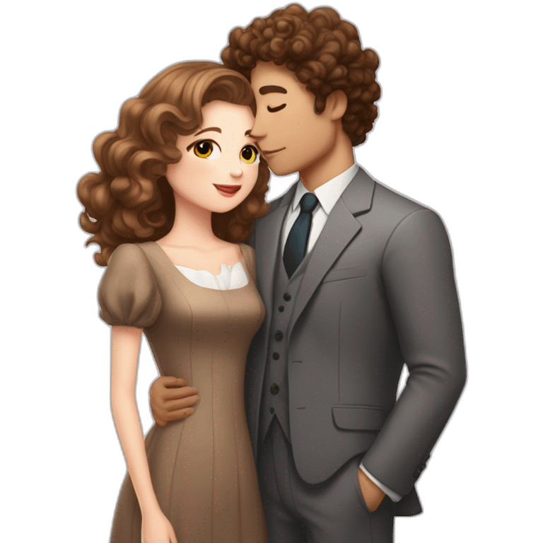 a girl with white skin and brown hair in a cute dress kisses a guy with white skin with curly short hair in a classic suit emoji