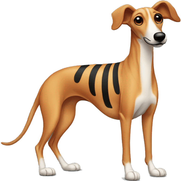 Ginger greyhound with black stripes on its back and nose. The dog is standing emoji