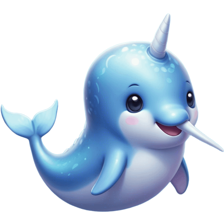 Cinematic Cute Cute Narwhal Portrait Emoji, Head tilted playfully and inquisitively, featuring a charming, sleek body with softly iridescent skin, a prominently spiraled tusk and large, twinkling eyes full of gentle wonder, Simplified yet irresistibly adorable features, highly detailed, glowing with a warm, inviting ocean glow, high shine, affectionate and lively, stylized with a touch of magical sea whimsy, soft glowing outline, capturing the essence of a mischievous yet endearing cute narwhal that seems as if it could frolic out of the screen into your heart! emoji