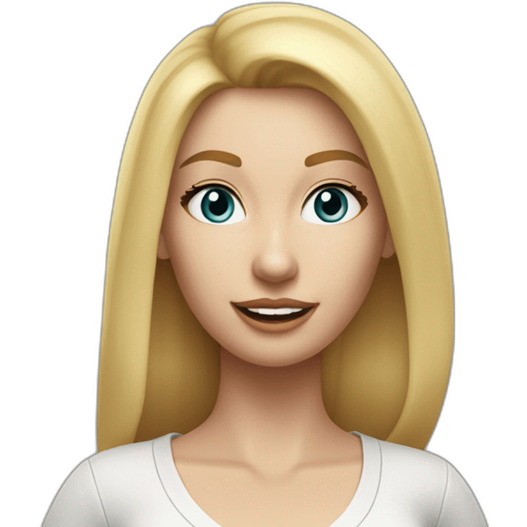 hyperrealistic caucasian long blonde woman white v-neck top gray tight mini skirt walking to camera emoji