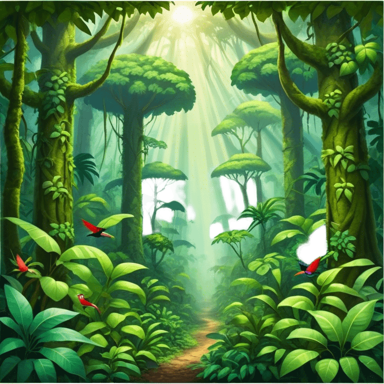 Cinematic Realistic Rainforest Emoji, Lush and vibrant, filled with towering trees, thick vines, and dense green foliage, sunlight filtering through the canopy above, creating dappled patches of light on the rich, diverse undergrowth. The air is heavy with moisture, with mist rising from the forest floor and distant calls of exotic birds and animals echoing through the trees. Soft glowing outline, capturing the essence of a thriving, untamed tropical paradise filled with life! emoji