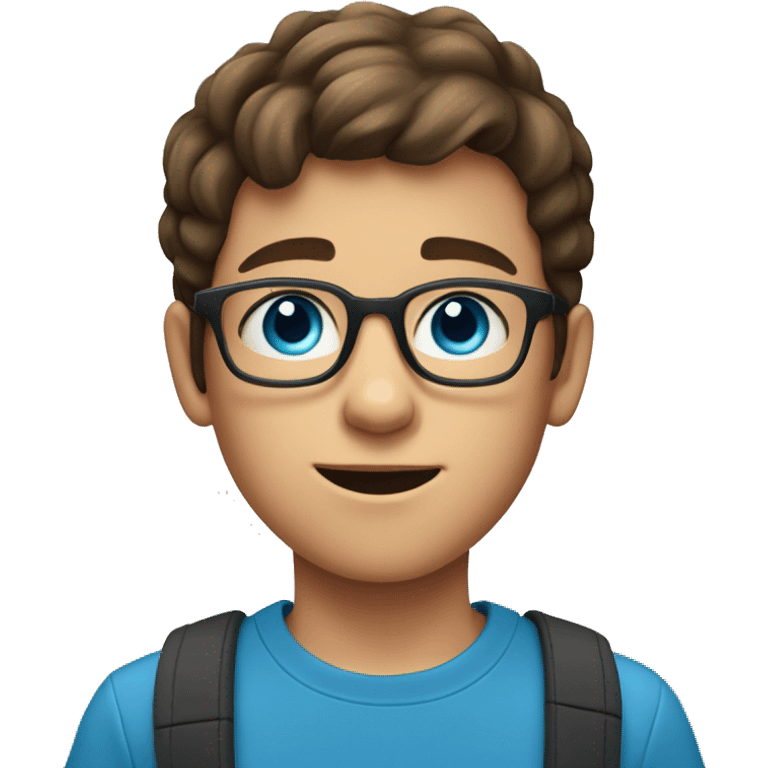 11 year old boy with brown hair with glasses as a fortnight character and blue eyes emoji