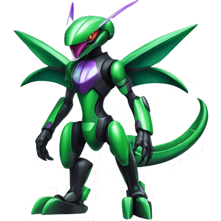 a shiny black-green-purple Genesect-Flygon-Raptor-Fakémon-Medabot-hybrid with a futuristic visor-helmet full body emoji