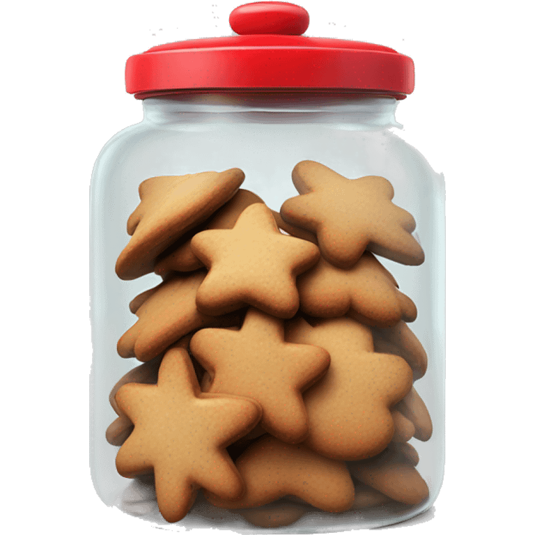 Realistic glass cookie jar with red lid full of gingerbread cookies isolated.  emoji