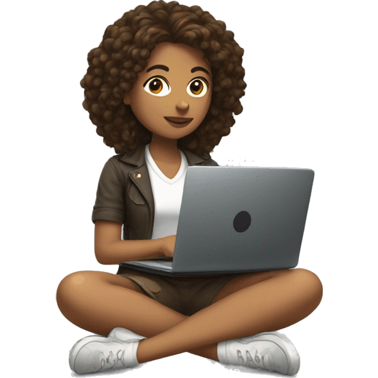 a young brunette and curly woman sitting cross-legged with her laptop on her lap emoji