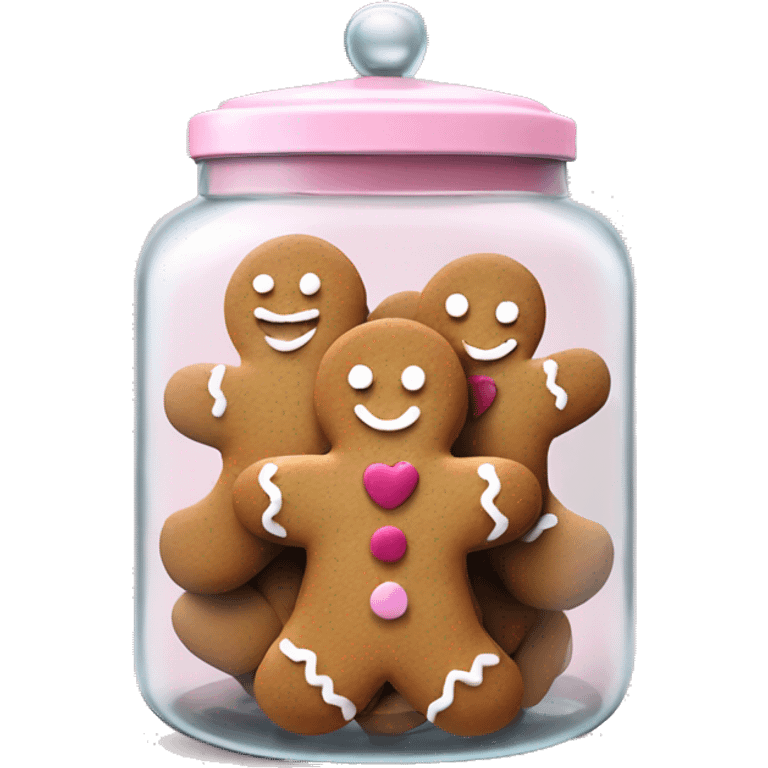 realistic glass cookie jar with pale pink lid with isolated gingerbread mans with heart cookies full emoji