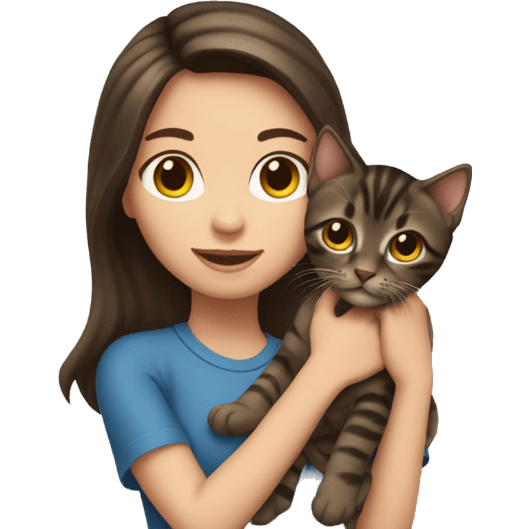 Brunette girl holding dark brown tabby kitten emoji