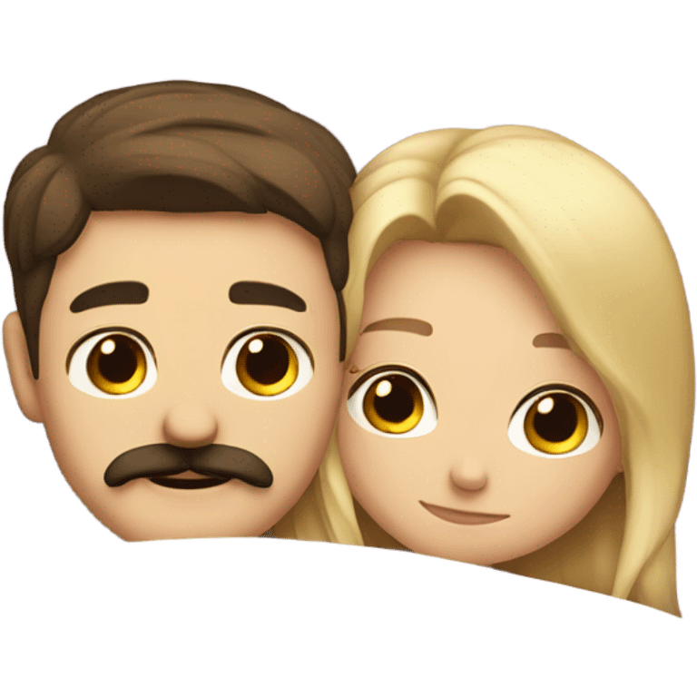 Blonde girl and brunette guy with mustache cuddling in bed emoji