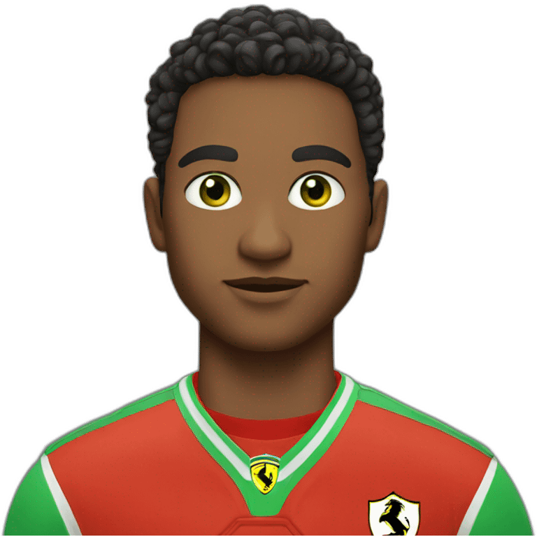 A young man in a Ferrari jersey with sort hair and light green eyes and dig cheeks emoji