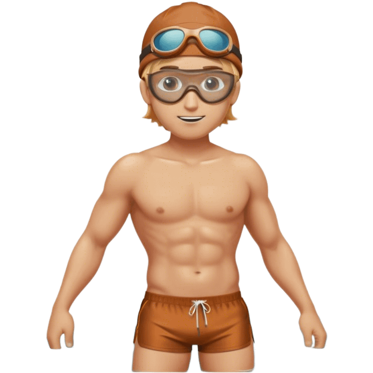 hot handsome blond Man in brown swimming shorts with cap and googles with copper hairs big body  emoji