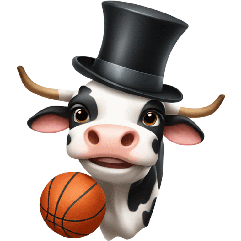 Cow holding a basketball with a top hat on  emoji