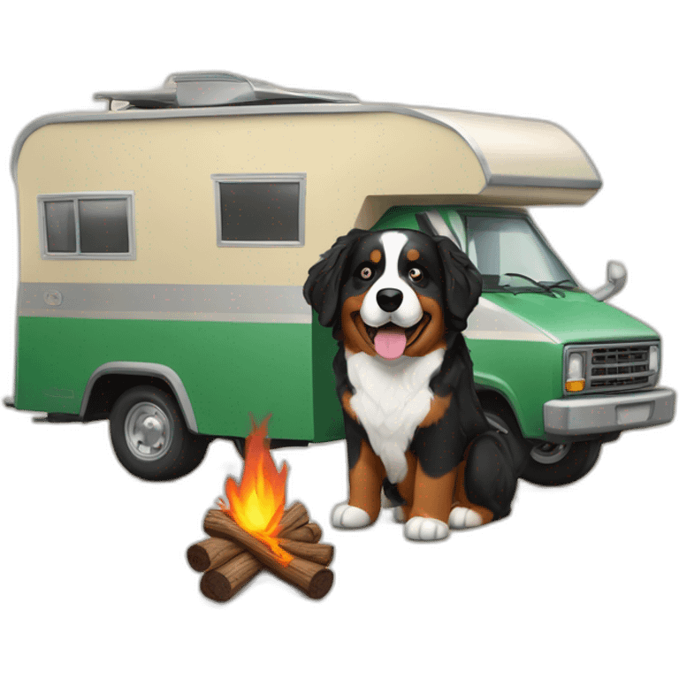 bernese mountain dog driving camper and wood-fire emoji