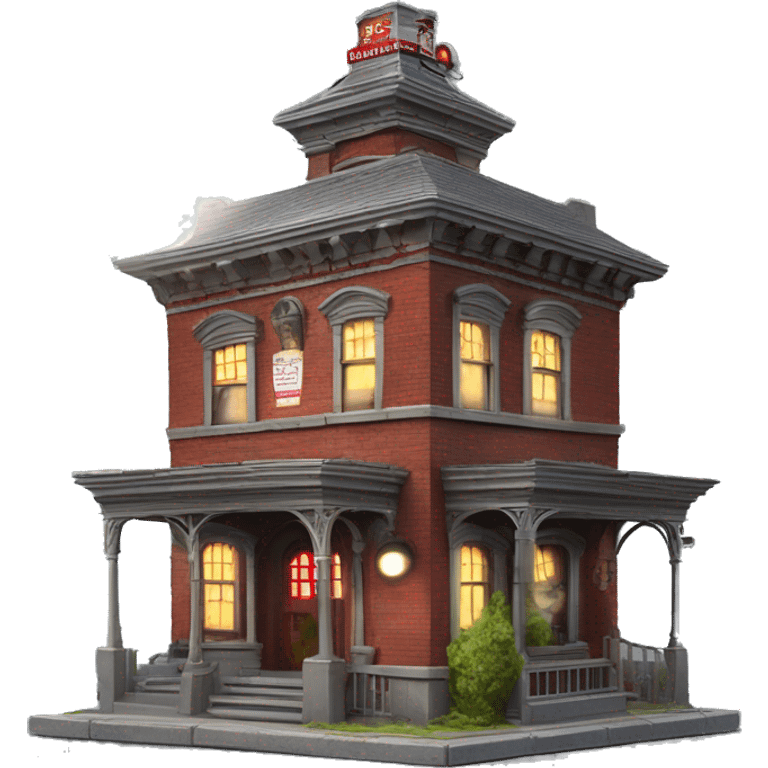 Very old dilapidated Firehouse building shaped like the Ghost Busters Firehouse with solar lights and decorative and detailed  emoji