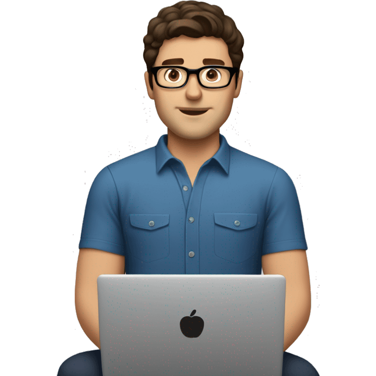 white guy dark brown hair brad pit style and square glasses typing in laptop wearing blue shirt emoji