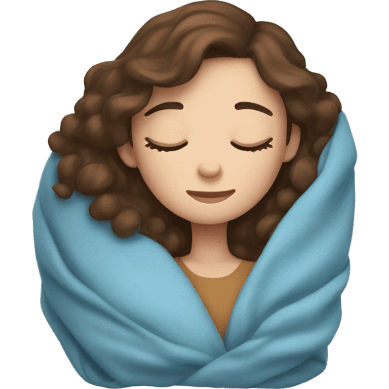 Girl with brown hair and freckles sleeping with a blue blanket emoji