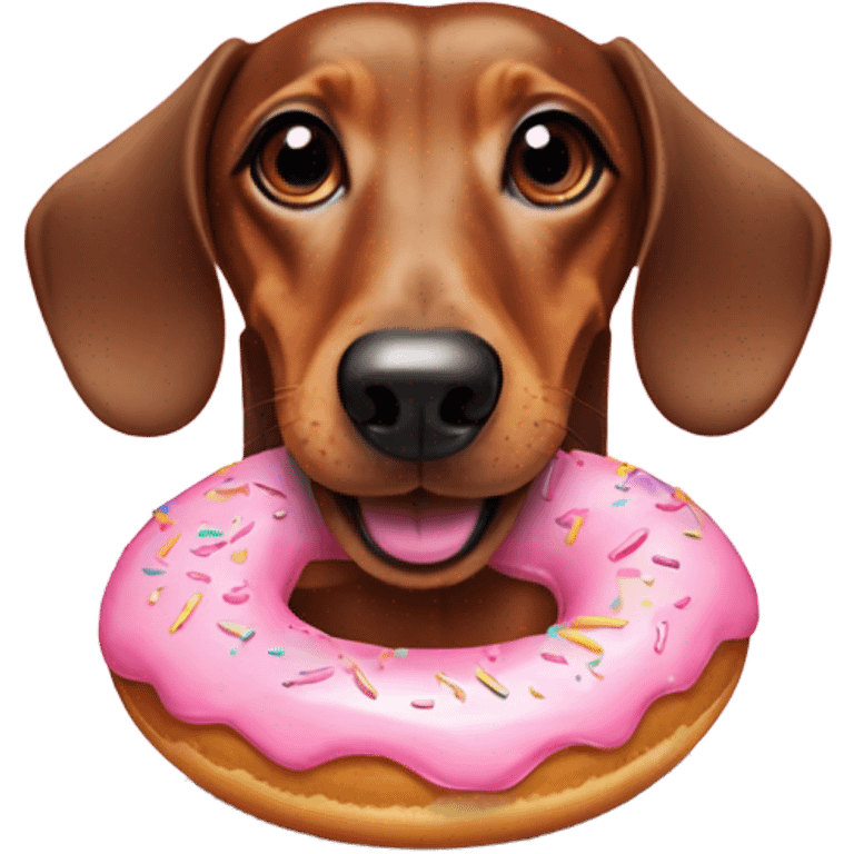 Dachshund smiling with a donut with pink frosting emoji